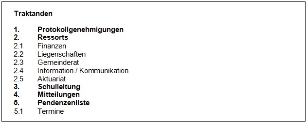 Protokollmanager Automatisch erstellte Traktandenliste (Tagesordnungspunkte) am Protokollanfang  Traktandenliste Traktanden Tagesordnungspunkte TOP Protokoll  schreiben Protokollmanager isys Informatik isis